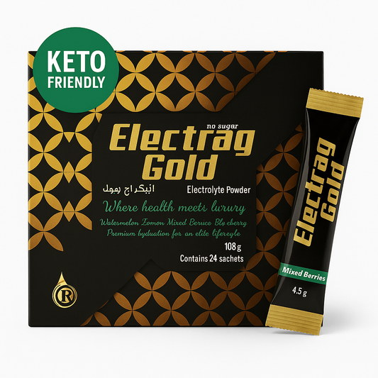 Electrag Gold keto-friendly sugar-free electrolyte powder in Dubai – box and sachet