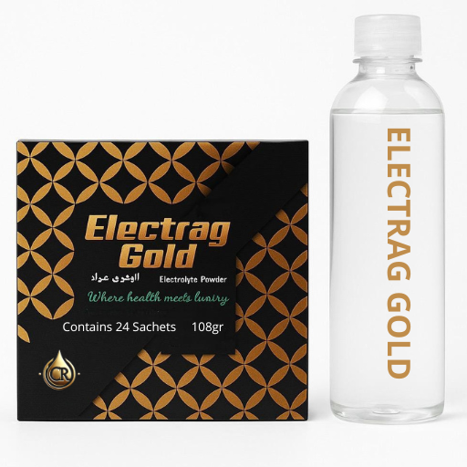 Electrag Gold electrolyte powder box with clear hydration bottle – sugar-free hydration drink for UAE heat, rich in potassium, magnesium, and vitamins – perfect for athletes, keto, and outdoor recovery