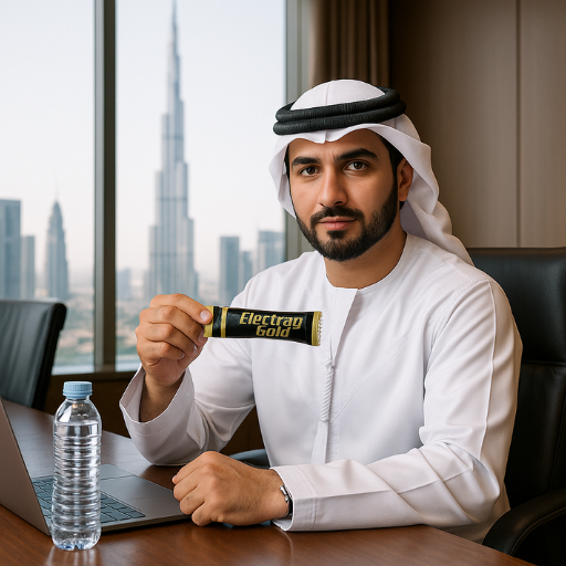 Emirati businessman in kandura holding Electrag Gold sachet in a luxury meeting room with Burj Khalifa view.