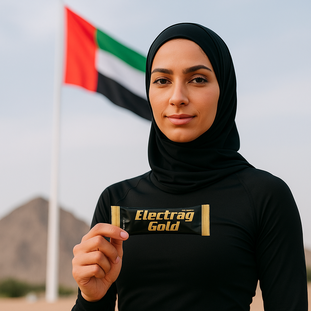 Emirati woman holding Electrag Gold sachet — sugar-free electrolyte supplement for hydration in Gulf heat