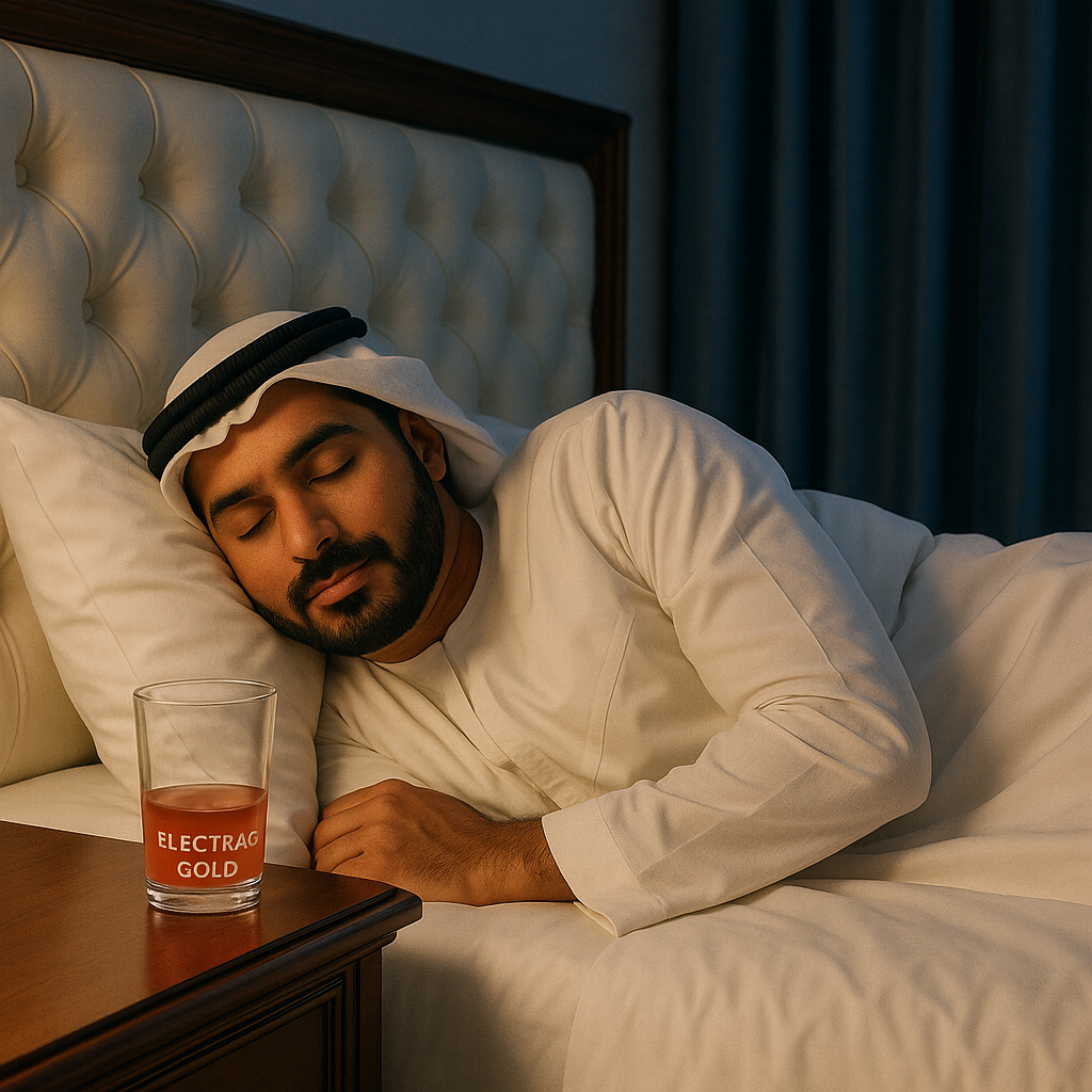Arab man peacefully sleeping in a luxurious bed with a glass of Electrag Gold electrolyte drink on the nightstand, symbolizing hydration and sleep quality.