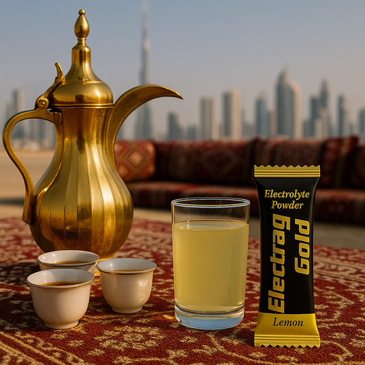 Electrag Gold Lemon electrolyte powder sachet with a glass of hydration drink beside a traditional Arabic dallah and coffee cups, set on a patterned majlis carpet with Dubai skyline in the background.