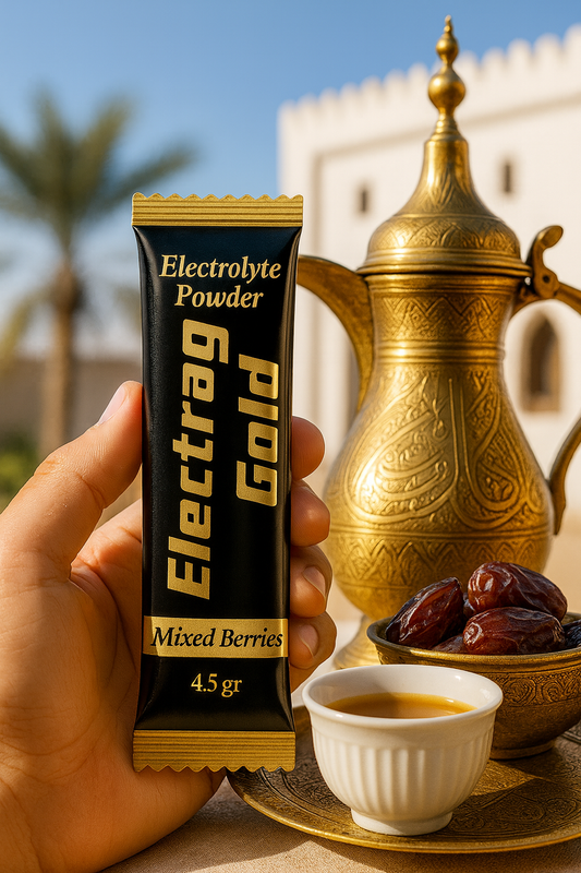 Traditional Arabic coffee setup with dallah, finjan cups, dates, water bottle, and Electrag Gold sugar-free electrolyte sachet for smart hydration in UAE heat