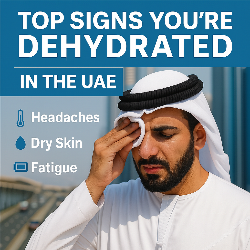 Emirati man suffering from dehydration on Sheikh Zayed Road in Dubai, wiping sweat from his face. Text overlay shows signs like headaches, dry skin, and fatigue, promoting hydration awareness.