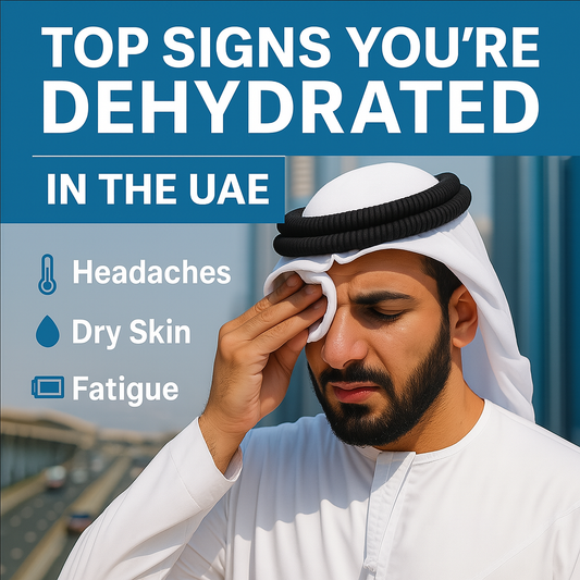 Emirati man suffering from dehydration on Sheikh Zayed Road in Dubai, wiping sweat from his face. Text overlay shows signs like headaches, dry skin, and fatigue, promoting hydration awareness.