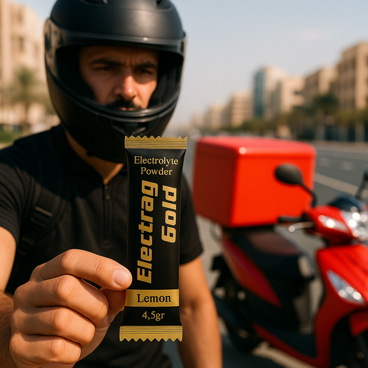Delivery rider on motorbike in Dubai heat holding Electrag Gold 4.5gr sugar-free electrolyte sachet for smart hydration.