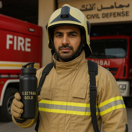 Dubai firefighter holding Electrag Gold tumbler for hydration in extreme heat