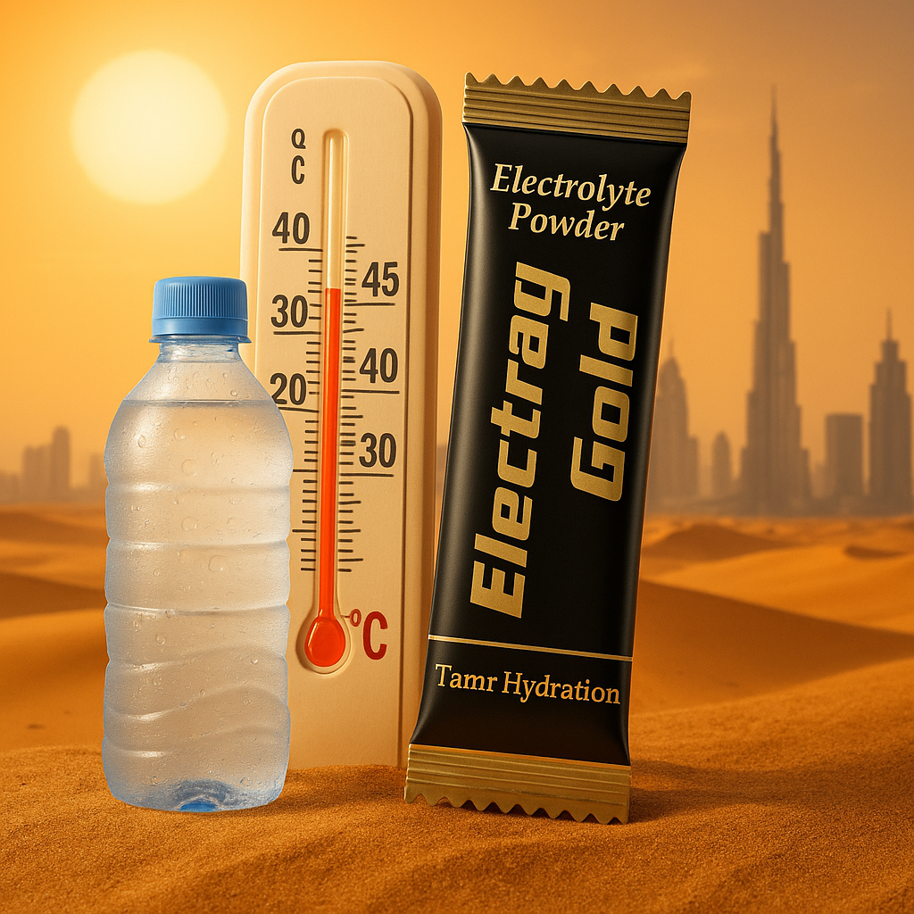 Electrag Gold sugar-free electrolyte sachet for Dubai summer 2026 hydration in 45 °C Gulf heat.