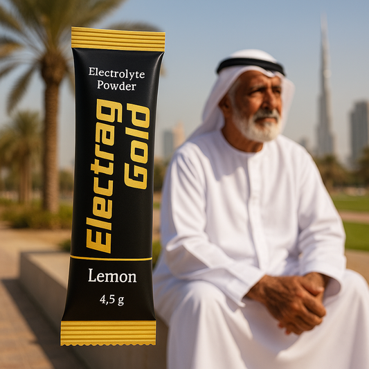 Elderly Arab man holding Electrag Gold Electrolyte Powder sachet 4.5 g lemon flavor in Dubai park with Burj Khalifa in the background
