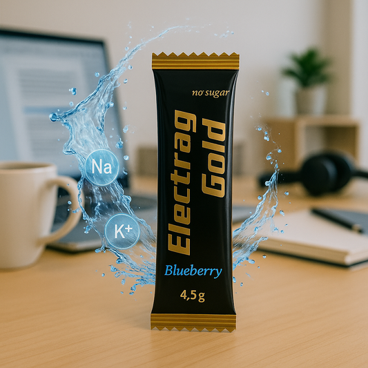 Electrag Gold Blueberry sachet on a home office desk in Dubai with laptop, coffee mug, and water splash with electrolyte molecules, symbolizing hydration for remote workers.