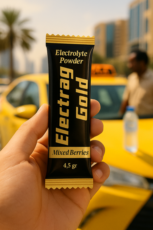Electrag Gold sugar-free electrolyte powder sachet for long-hour drivers in Dubai taxis – premium electrolyte drink alternative to water and sports drinks