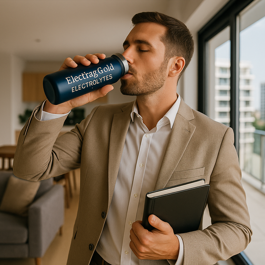 Electrag Gold Lemon 4.5 g electrolyte sachet in a Dubai property lobby—hydration for real estate agents during back-to-back tours