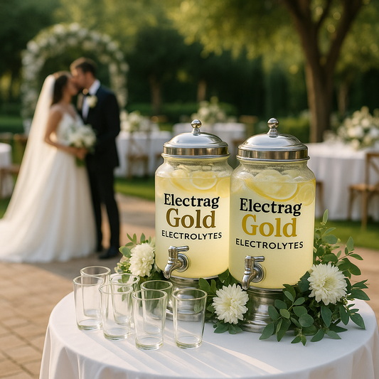 Elegant outdoor wedding in Dubai with luxury Electrag Gold electrolyte hydration station for guests, sugar-free Montaji certified supplement