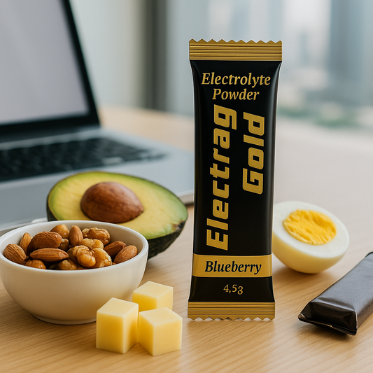 Electrag Gold sugar-free electrolyte powder sachet Blueberry flavor on an office desk in Dubai with keto snacks including avocado, nuts, cheese cubes, egg, and a low-carb bar, ideal for hydration and energy at work.