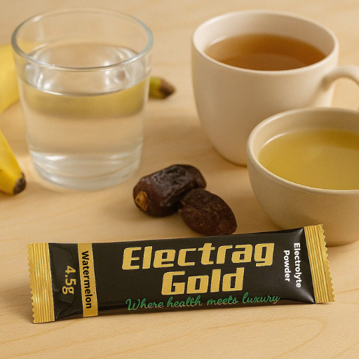 Electrag Gold watermelon 4.5 gr sugar-free electrolyte sachet on a cozy kitchen table with water, herbal tea, soup, bananas, and dates to replenish electrolytes after illness