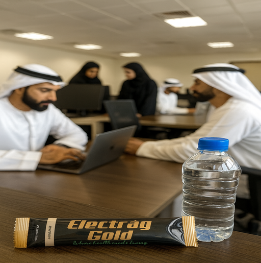 Emirati professionals working in an office with Electrag Gold sugar-free electrolyte powder and water bottle for hydration in Dubai heat