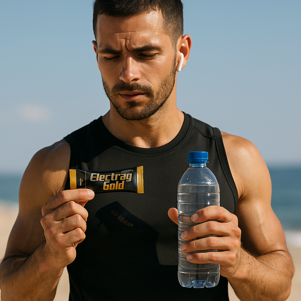 Athlete on a running track in Dubai holding Electrag Gold sugar-free electrolyte sachet and a water bottle for hydration and sports performance