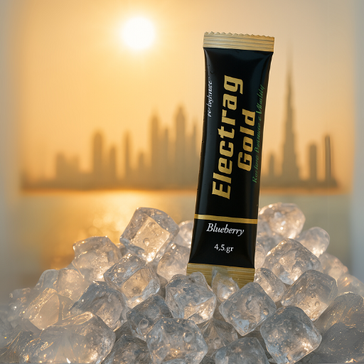 Electrag Gold sugar-free electrolyte drink sachet on ice cubes with Dubai city skyline in the background, showcasing premium hydration for summer heat.