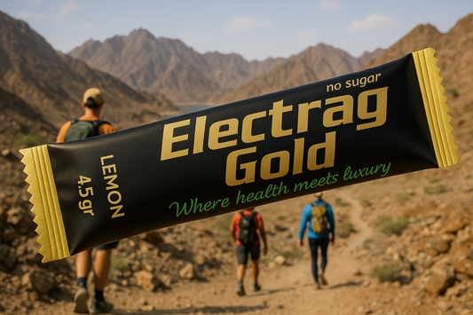Electrag Gold sugar-free electrolyte powder sachet for hiking in Hatta UAE mountains – premium hydration for hikers and outdoor trails.