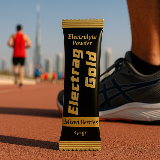 Electrag Gold sugar-free electrolyte powder sachet on a running track in Dubai marathon, with Burj Khalifa in the background, ideal hydration for UAE athletes.