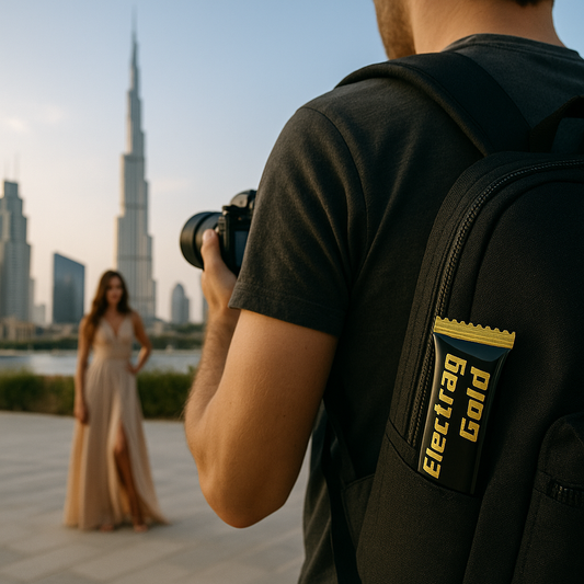 Electrag Gold sugar-free electrolyte powder sachet in photographer’s backpack during outdoor photoshoot in Dubai UAE heat