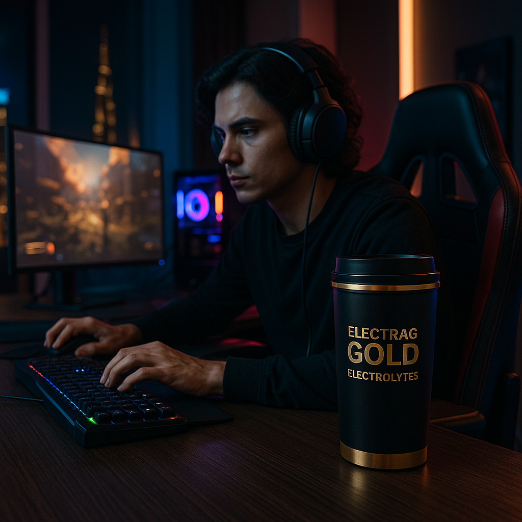 Gamer in Dubai using Electrag Gold sugar-free electrolytes during long gaming session for focus and hydration.