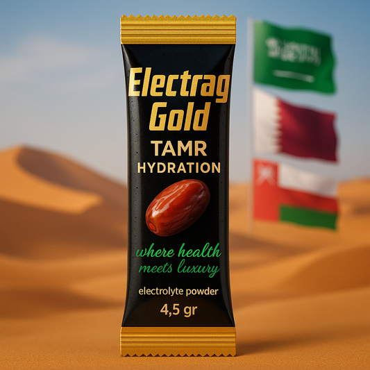 Electrag Gold Tamr Hydration electrolyte powder sachet in desert with Saudi Arabia, Qatar and Oman flags, highlighting GCC expansion