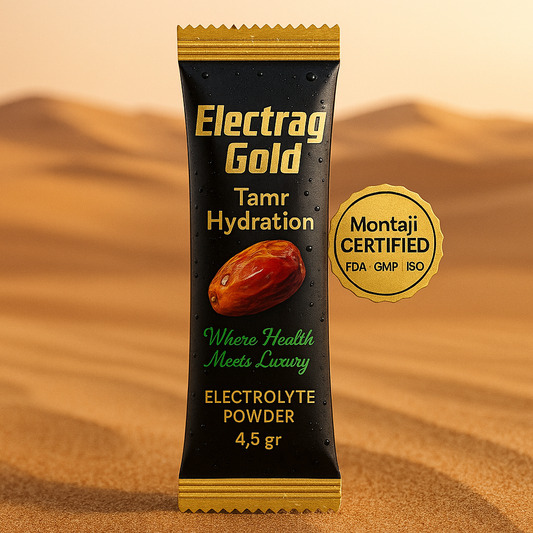 Electrag Gold Tamr Hydration sachet in UAE desert with Montaji-Certified badge, sugar-free electrolyte powder, 4.5 gr.