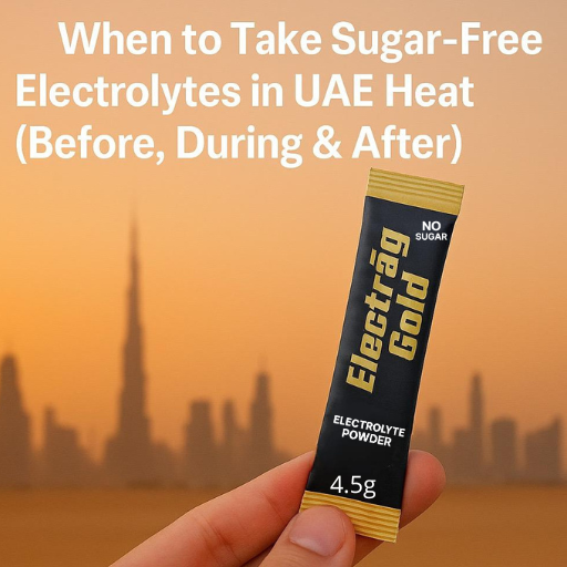 Electrag Gold sugar-free electrolyte powder sachet held in hand with Dubai desert skyline at sunset. Blog graphic showing when to take electrolytes before, during, and after activity in UAE heat.