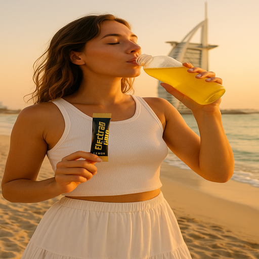Woman at Burj Al Arab beach holding Electrag Gold Lemon electrolyte sachet and drinking hydration mix