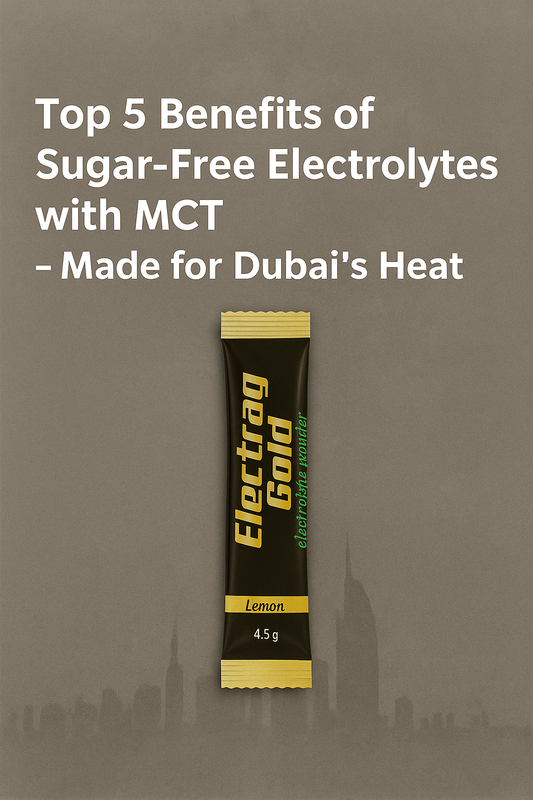 Electrag Gold Lemon flavor – Sugar-free electrolyte powder with MCT, designed for hydration, energy and recovery in Dubai’s extreme heat. 4.5g sachet, luxury hydration made for high temperatures.