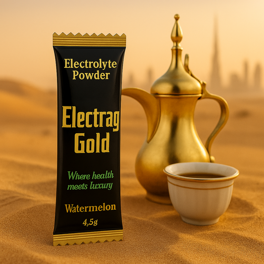 Electrag Gold Watermelon Electrolyte Powder sachet with premium black and gold design, placed in front of an Arabic coffee dallah in Dubai desert with Burj Khalifa skyline, symbolizing hydration balance between gahwa tradition and electrolytes.