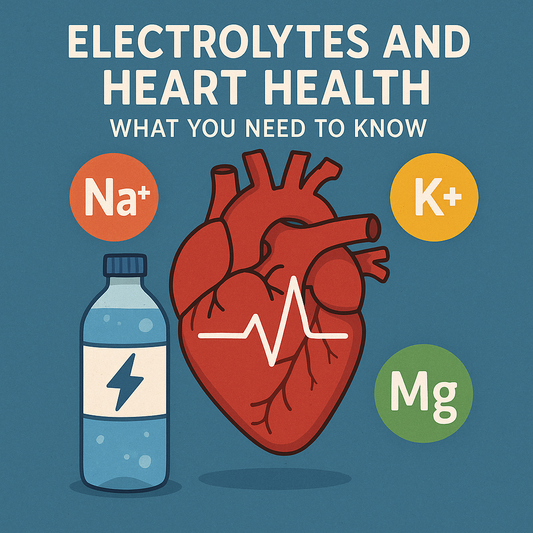 Illustration of a human heart with ECG line, surrounded by sodium, potassium, and magnesium symbols, representing electrolytes and heart health.