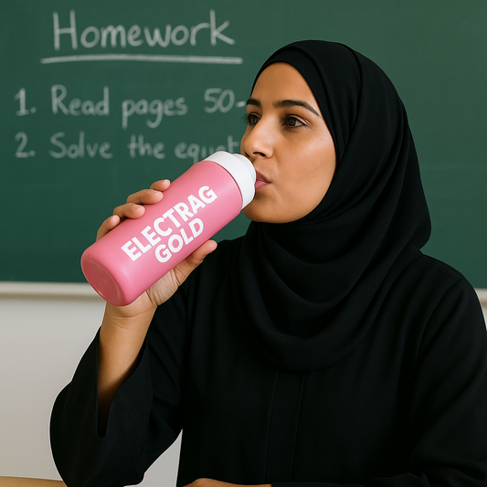 Emirati teacher in classroom drinking from a pink Electrag Gold tumbler with homework written on the chalkboard in the background