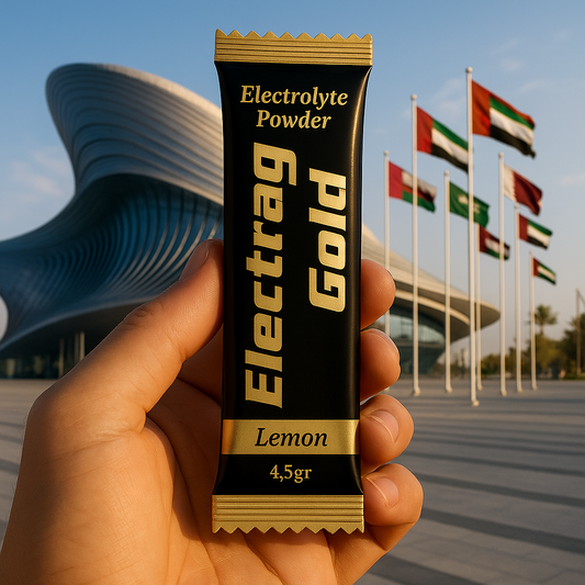 Electrag Gold Lemon sachet displayed with Expo 2026 UAE pavilion background, sugar-free electrolytes for hydration in Gulf heat