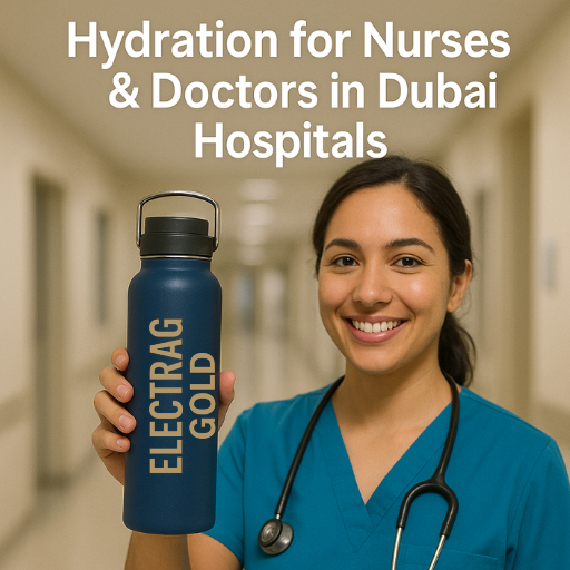 Nurse in Dubai hospital holding a water bottle, promoting Electrag Gold sugar-free electrolytes for hydration of nurses and doctors during long shifts