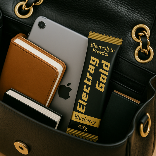 Electrag Gold blueberry electrolyte powder sachet inside a luxury student handbag with iPad and notebooks in UAE university setting