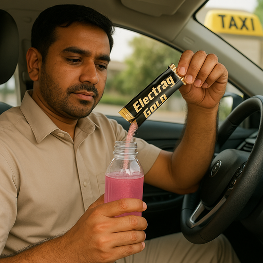 Pakistani taxi driver in Dubai preparing Electrag Gold sugar-free electrolyte powder in a water bottle inside his car, hydration for long shifts.