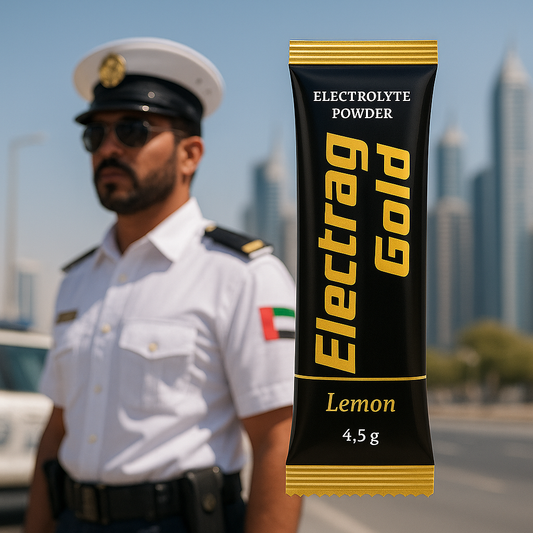 Electrag Gold Lemon electrolyte powder supporting UAE police hydration in extreme heat