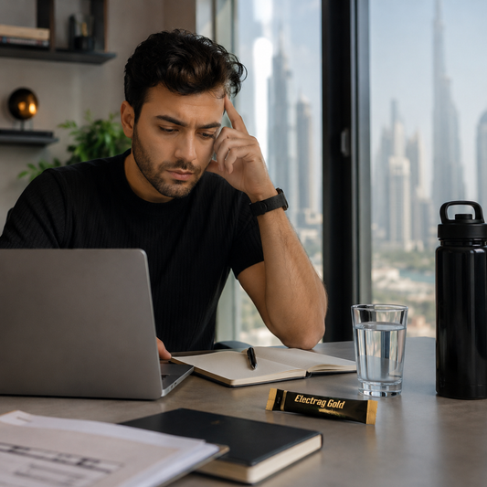 Person in a Dubai indoor workspace experiencing mild brain fog and reduced concentration while working at a laptop with water and Electrag Gold hydration support nearby