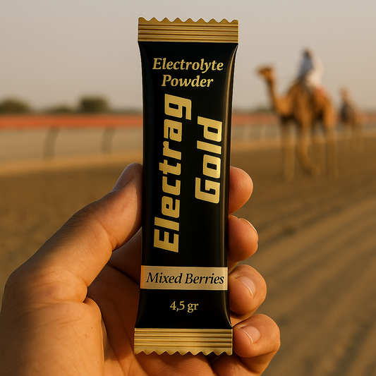 Electrag Gold electrolyte powder sachet (Mixed Berries, 4.5 gr) held at a UAE camel racetrack at sunset; label reads “Electrolyte Powder”.