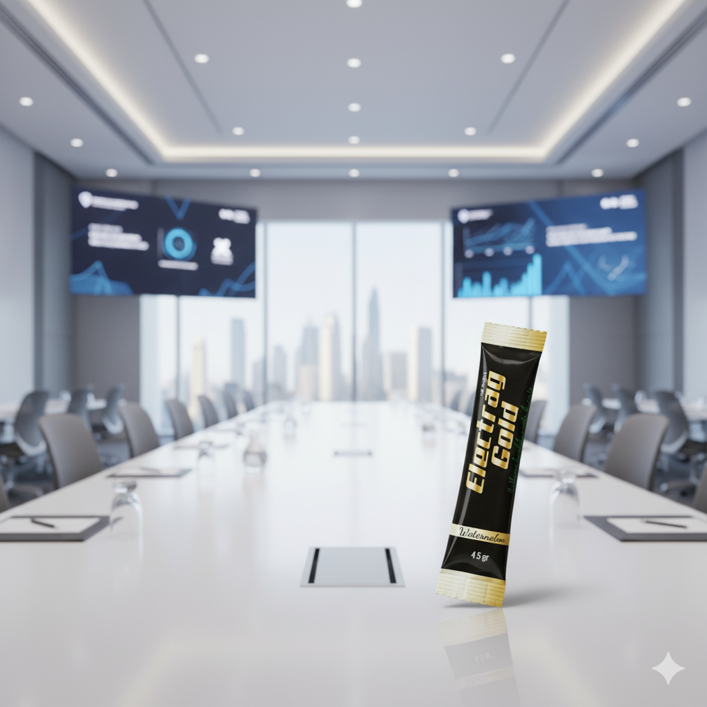 Electrag Gold sugar-free electrolyte sachet for corporate event hydration in Dubai 2026, premium black and gold packaging for full-day conferences.