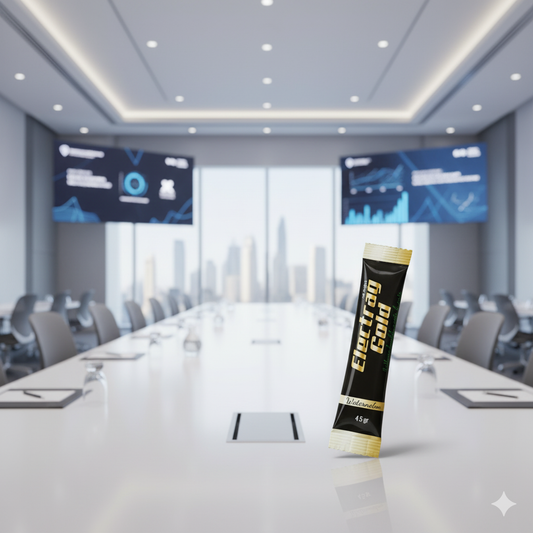 Electrag Gold sugar-free electrolyte sachet for corporate event hydration in Dubai 2026, premium black and gold packaging for full-day conferences.