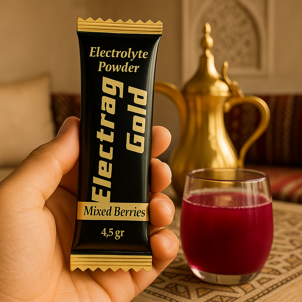 A sachet of Electrag Gold sugar-free electrolyte powder with a glass of mixed berries hydration drink beside a traditional Arabic coffee dallah in Doha, symbolizing hydration balance in the Gulf.