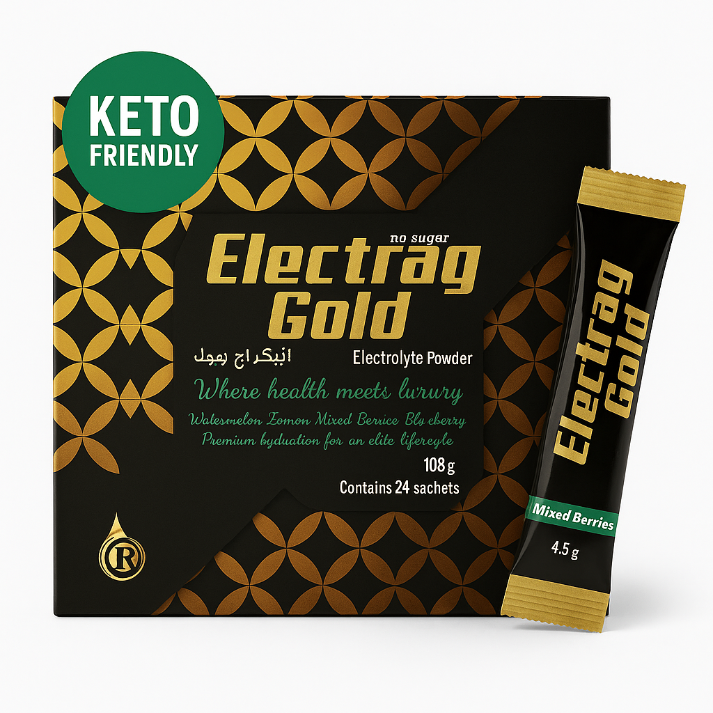 Electrag Gold keto-friendly sugar-free electrolyte powder in Dubai – box and sachet