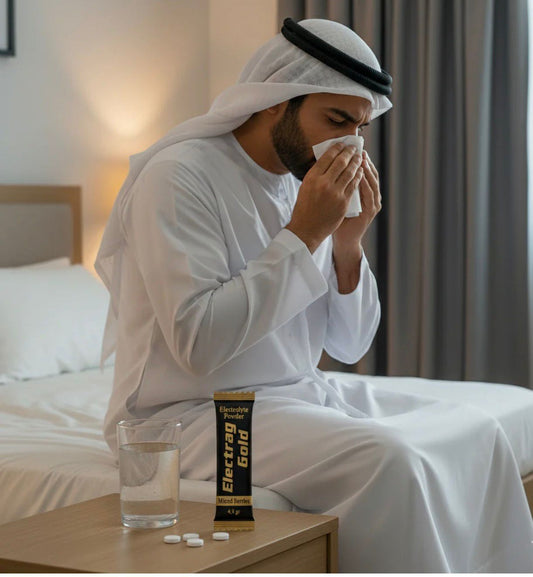 Emirati man recovering from flu season in Dubai sitting on bed with tissue, glass of water, medicine tablets, and Electrag Gold Mixed Berries sachet on bedside table.
