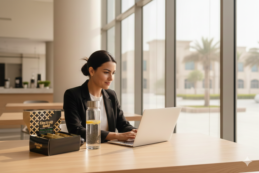 Sugar-free electrolyte drink sachets by Electrag Gold on a desk in a Dubai coworking space for digital nomads staying hydrated while working remotely.