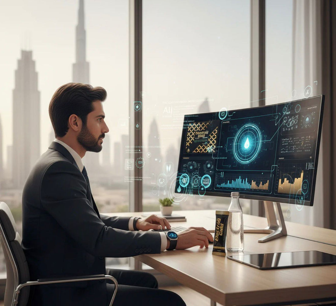 Professional working in an AI-driven Dubai office environment using hydration tracking technology and electrolyte support for cognitive performance