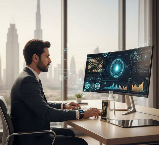 Professional working in an AI-driven Dubai office environment using hydration tracking technology and electrolyte support for cognitive performance