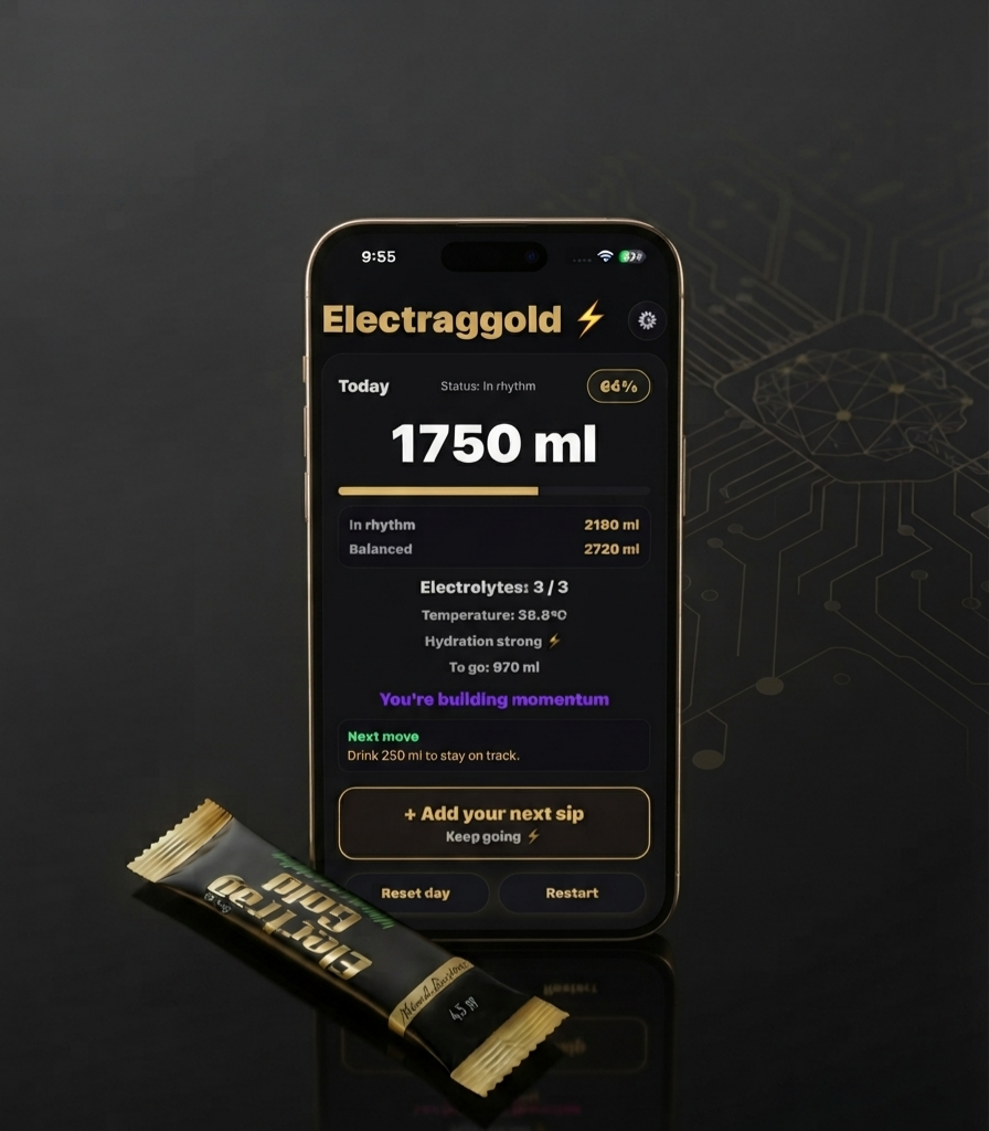 Electrag Gold Mixed Berries electrolyte sachet next to a smartphone showing AI-powered hydration score, representing intelligent hydration technology in the GCC